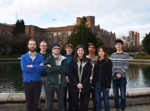 The HuskyBot team from left to right: Professor Noah Smith, Maarten Sap, Ari Holtzman, Professor Mari Ostendorf, Elizabeth Clark, Hao Feng, Professor Yejin Choi and Hao Cheng.