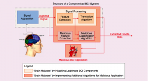 A simplified diagram of a compromised brain-connected interface system.